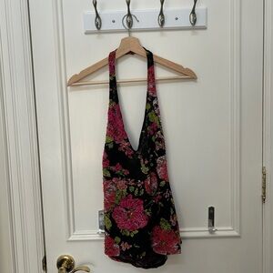Vintage Black Floral Lace Halter Tank Top with Pink & Green Accents